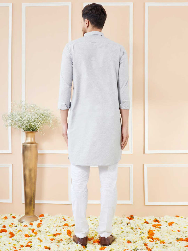 Grey Cotton Solid Pathani Kurta with Pyjama