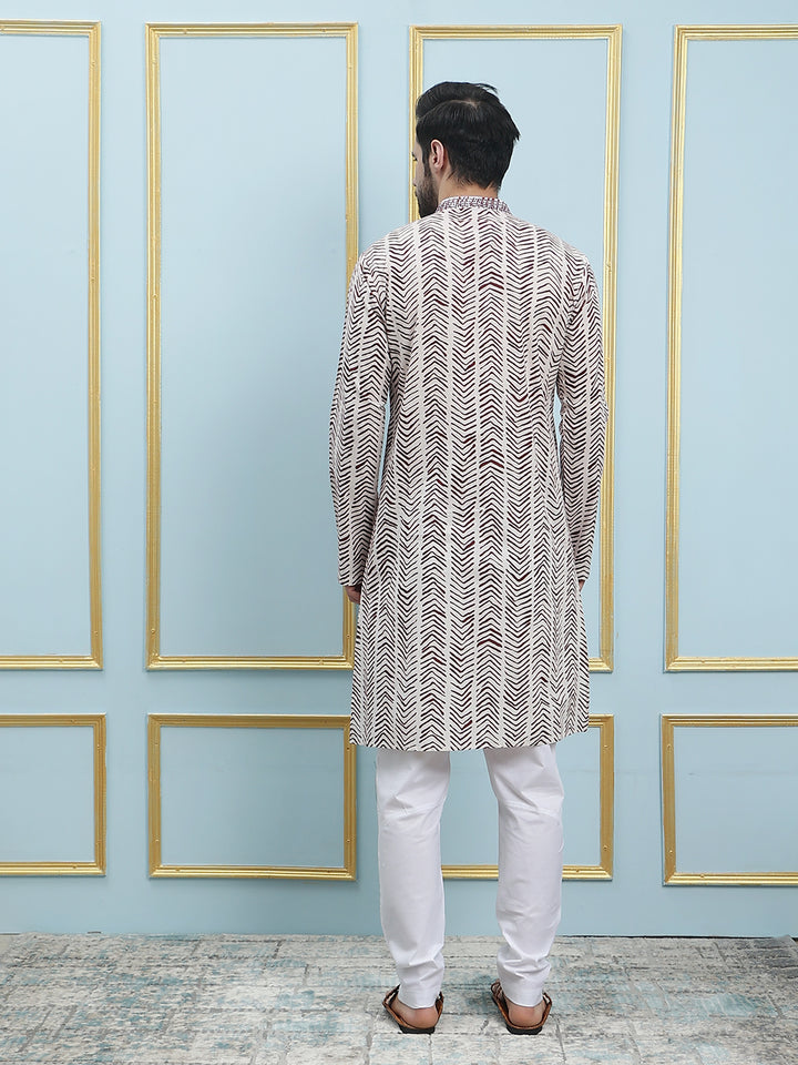 Printed Straight Cotton Silk Kurta with Embroidered Neck Design and Pyjama