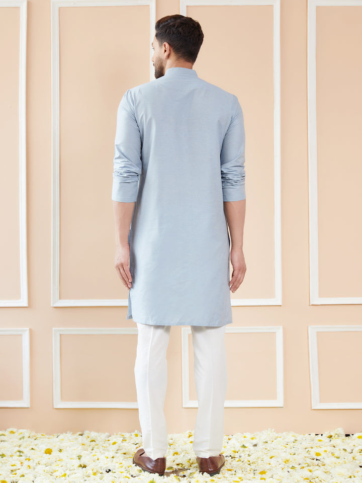 Blue Cotton Solid Straight Kurta with Pintuck Neckline and Pyjama