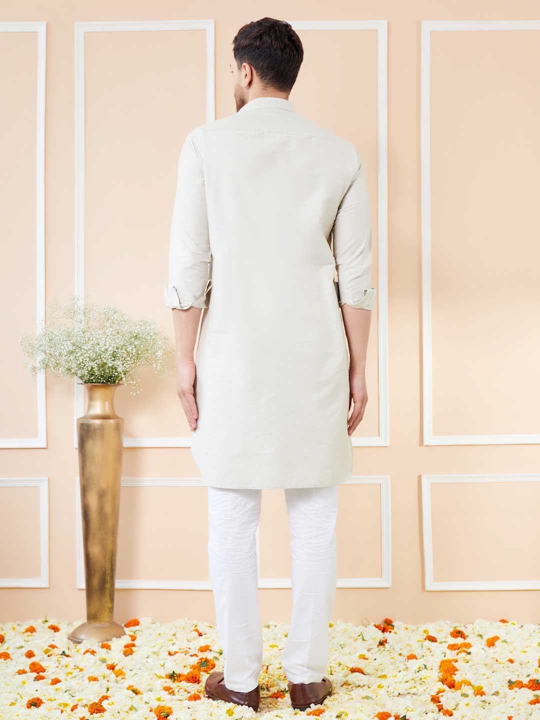 Off White Cotton Solid Pathani Kurta