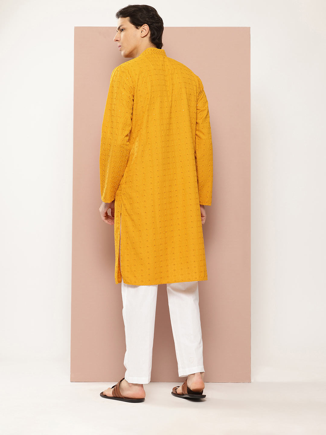 Men's Mustard Sequin Embroidered Rayon Kurta, Paired with Pyjama