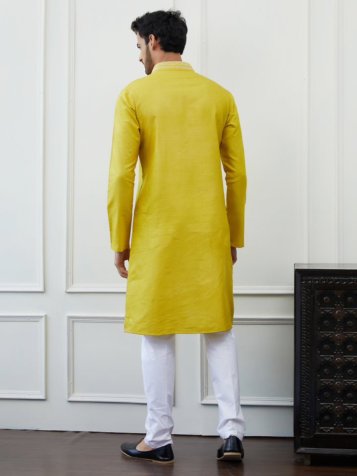 Solid Pure Cotton Straight Kurta with Embroidered Sequin and Thread worked Neck Design