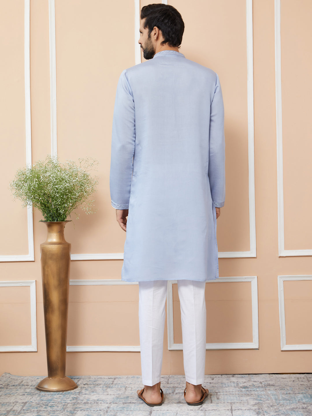 Blue Embroidered Chanderi Silk Straight Kurta