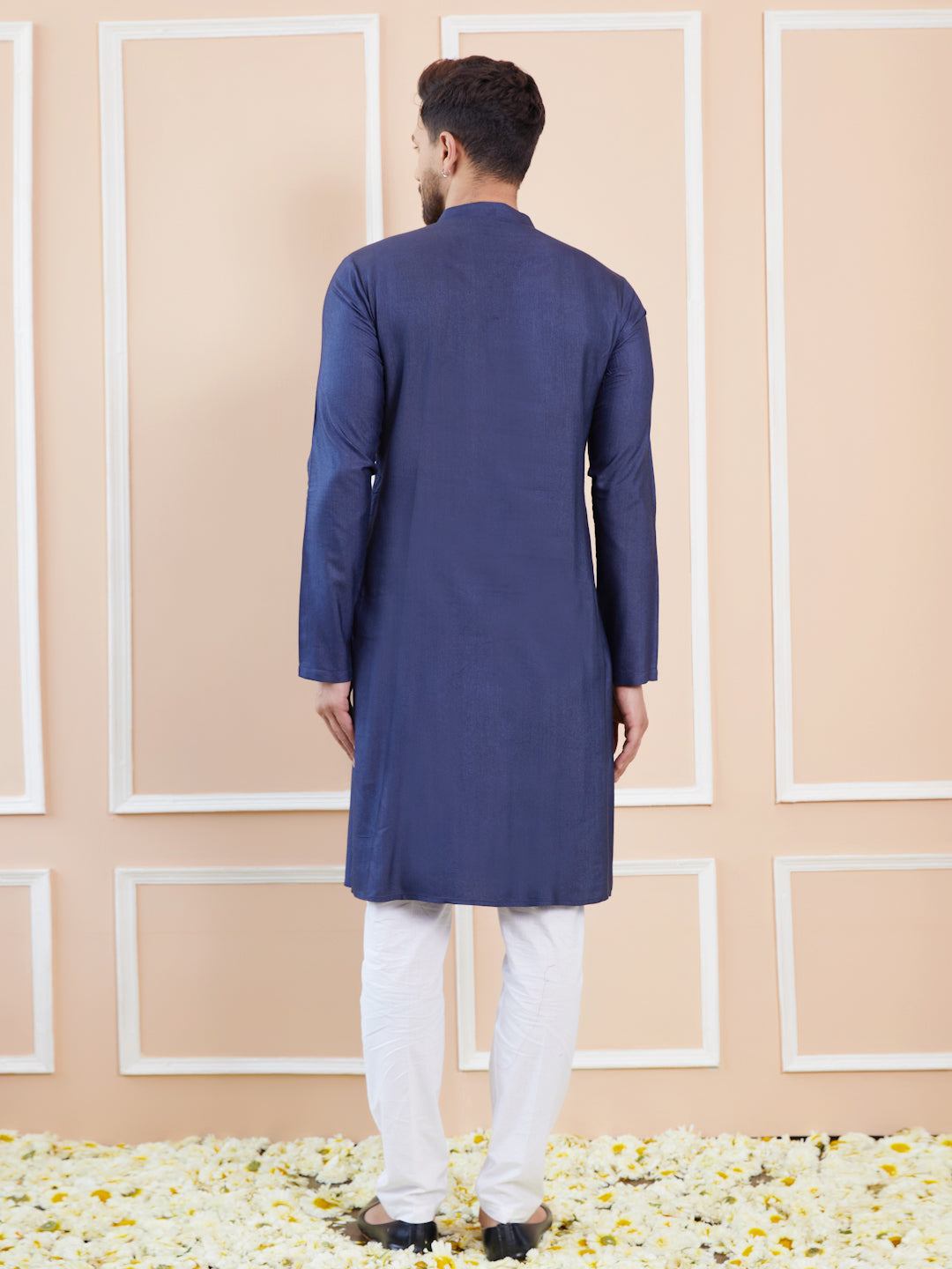 Blue Cotton Solid Straight Kurta with Embroidered Neckline