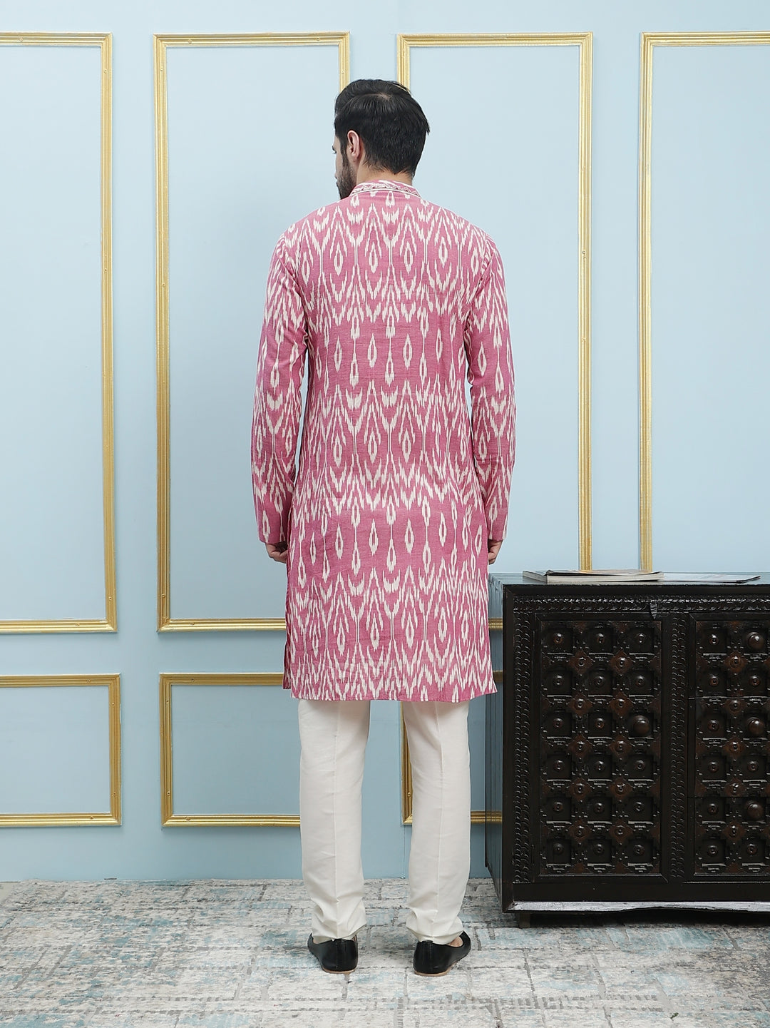 Printed Ikat Pure Cotton Straight Kurta with Embroidered Neck Design and Pyjama