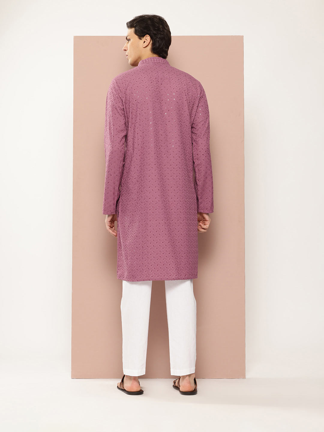 Men's Pink Sequin Embroidered Rayon Kurta, Paired with Pyjama