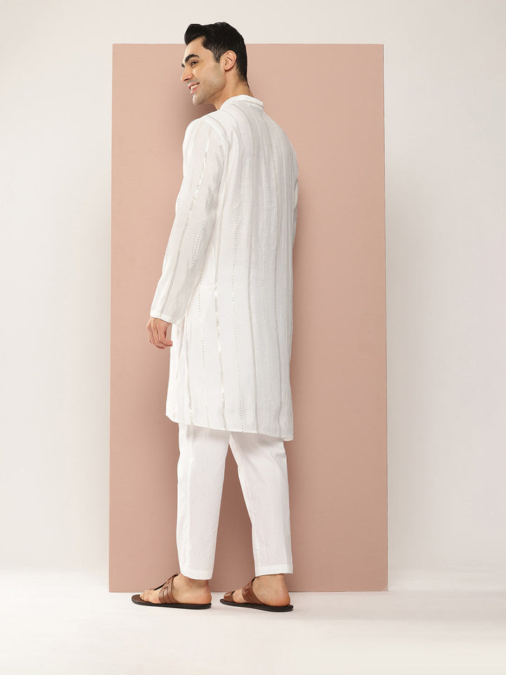 Off White Chanderi Silk Kurta with Sequin Embroidery, Paired with Pyjama