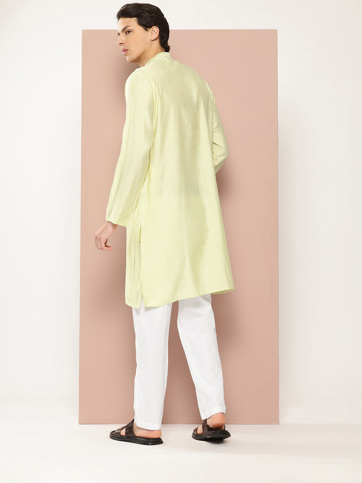 Men's Pista Green Sequin Embroidered Chanderi Silk Kurta, Paired with Pyjama