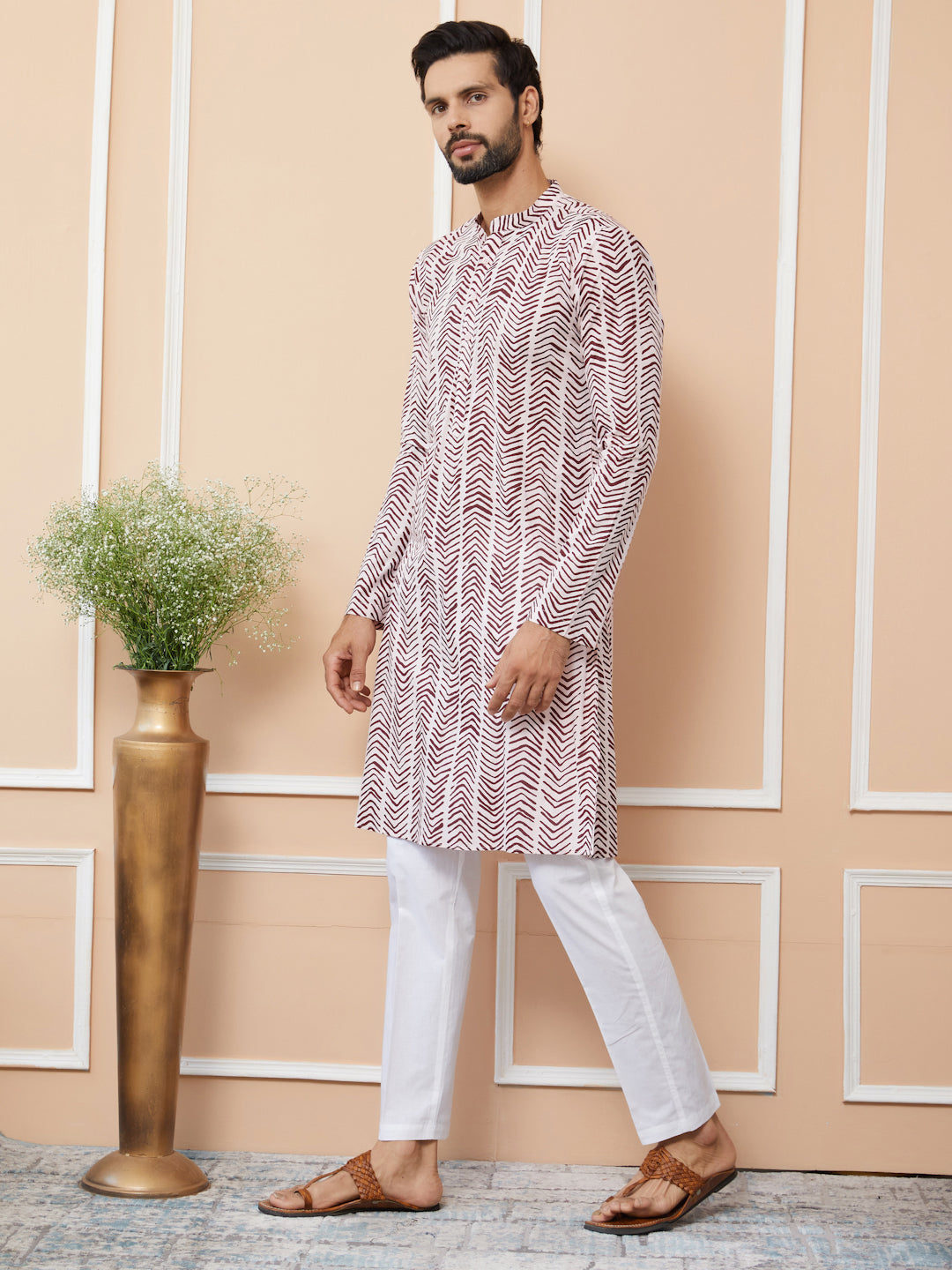 Baby Pink-Brown Printed Pure Cotton Straight Kurta with Pyjama