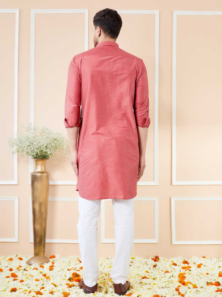 Red Cotton Solid Pathani Kurta with Pyjama