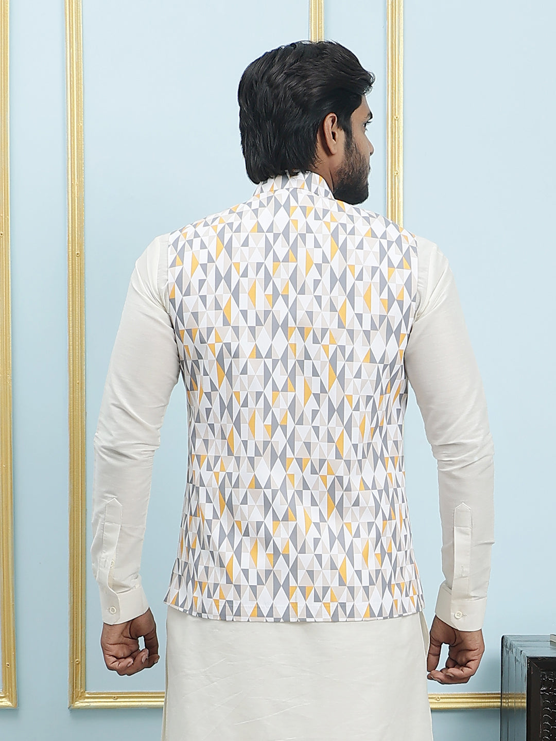 Pure Silk Straight Kurta & Pyjama Set with Printed Cotton Nehru Jacket