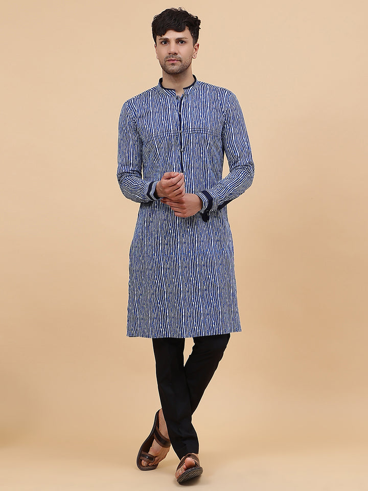 Blue Striped Printed Kurta With Pyjama