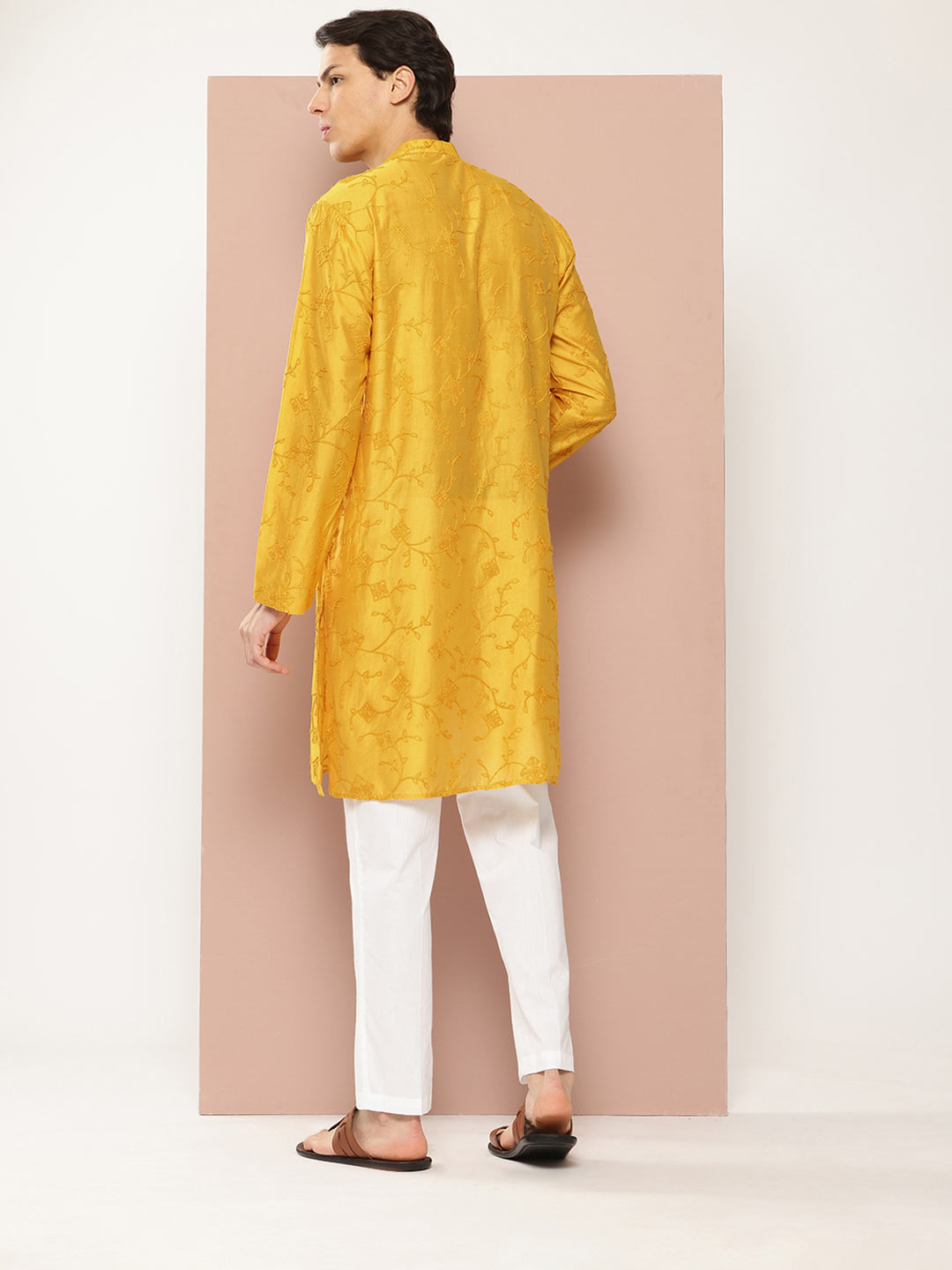 Men's Mustard Chanderi Silk Embroidered Kurta, Paired with Pyjama