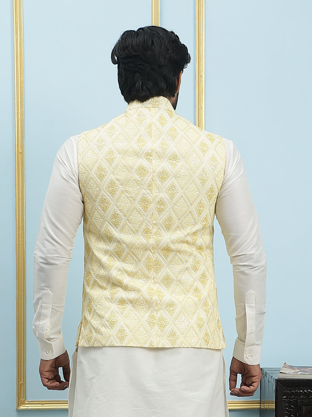 Pure Silk Kurta & Pyjama with Sequins Embroidered Nehru Jacket