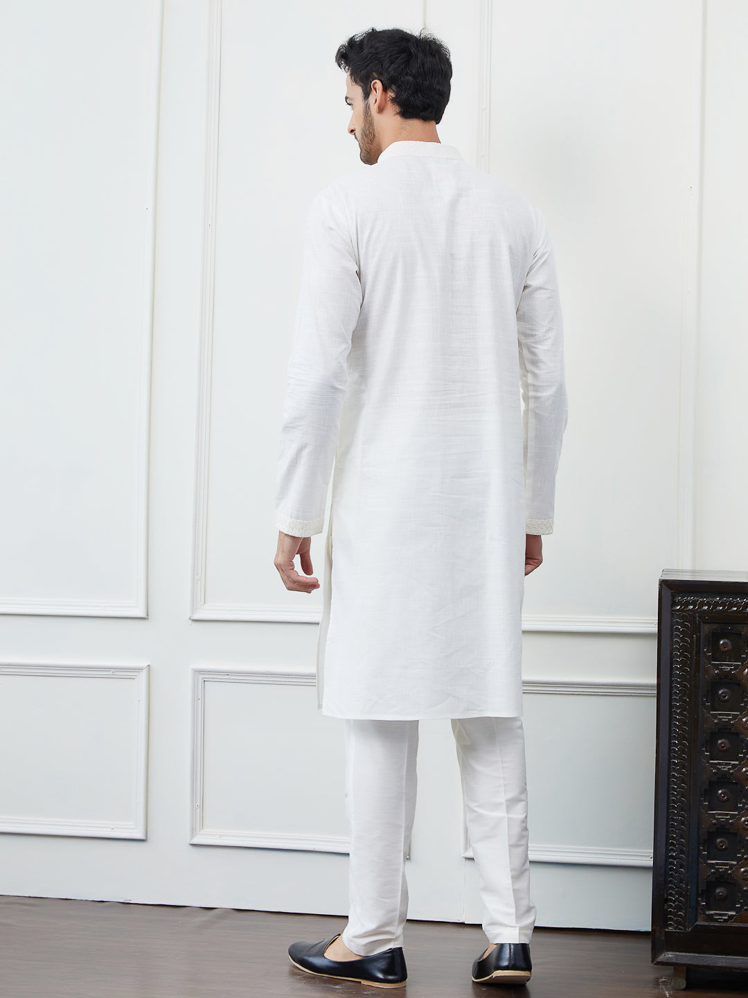 Solid Pure Cotton Straight Kurta with Embroidered Sequin Neck Design and Pyjama