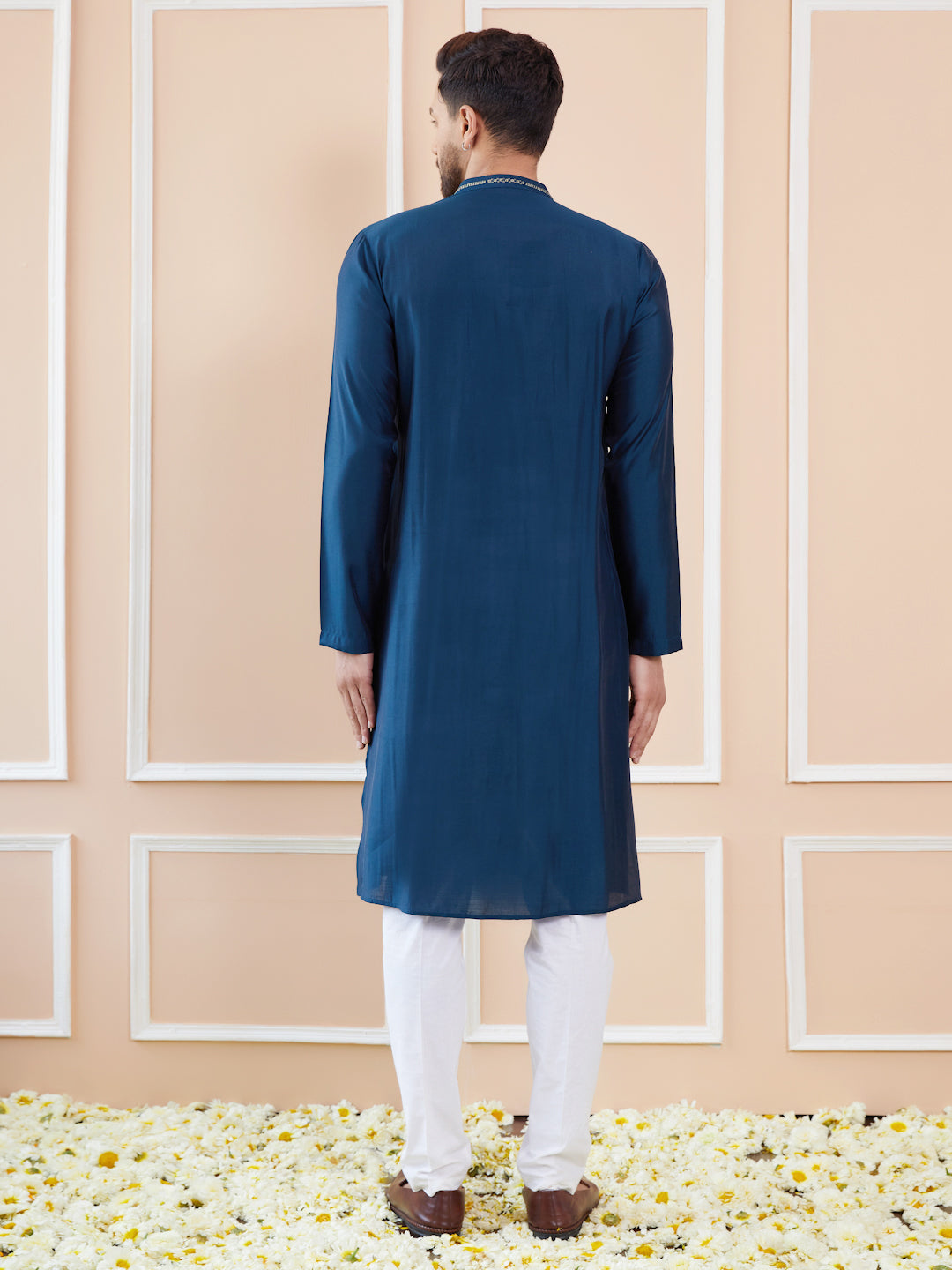 Men Blue and Gold Sequins Embroidered Chanderi Silk Straight Kurta With Pyjama