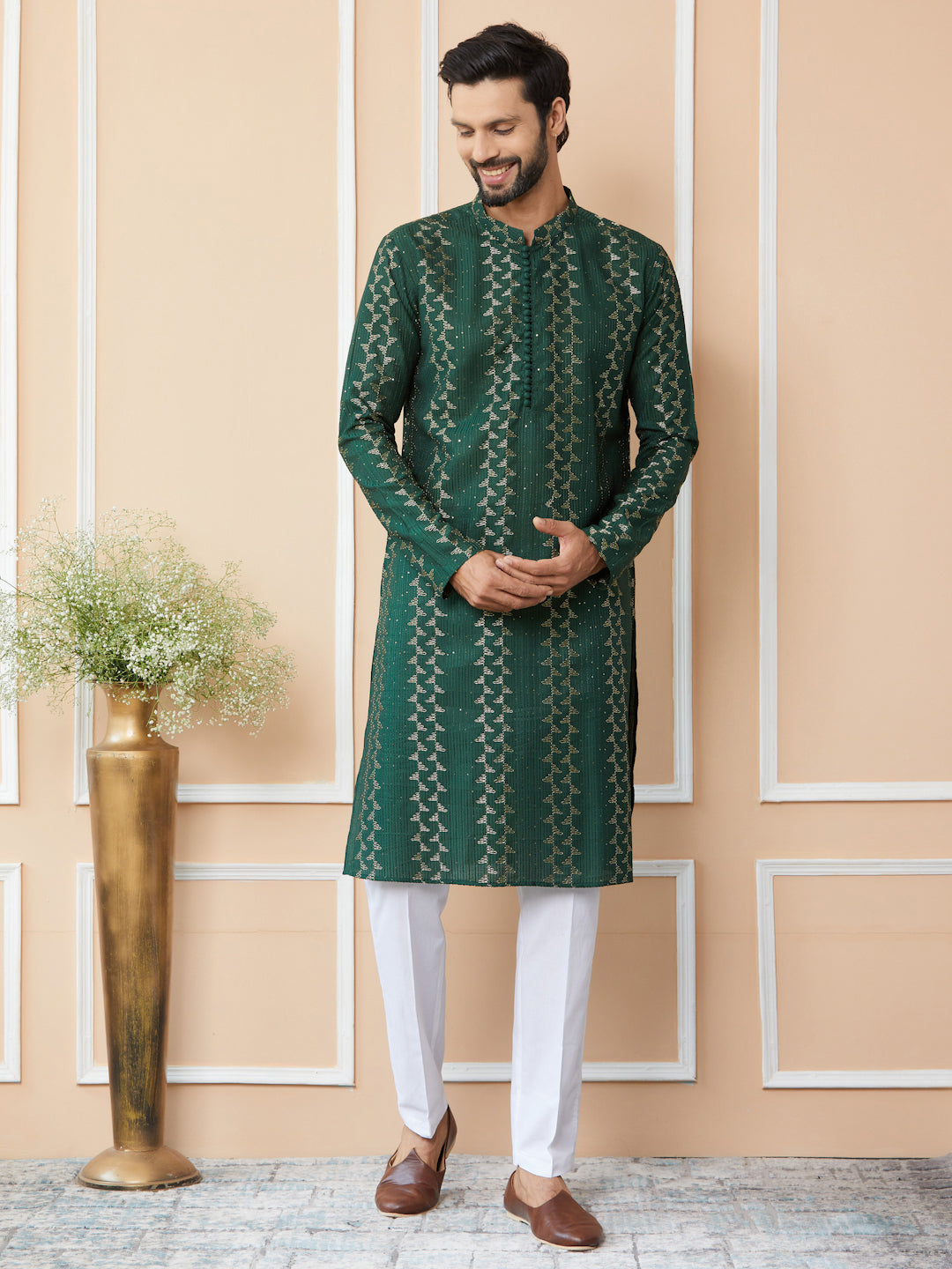 Green Embroidered Thread Work Sequinned Chanderi Silk Straight Kurta with Pyjama