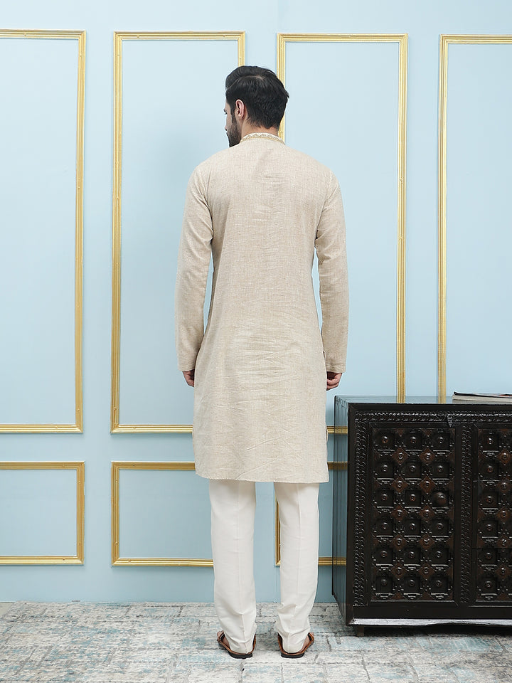 Solid Pure Cotton Straight Kurta with Embroidered Neck Design and Pyjama