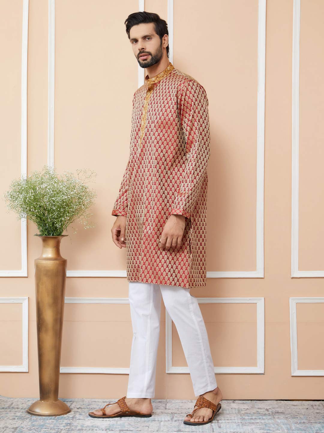 Red-Beige Ethnic Motifs Silk Jacquard Woven Design Straight Kurta with Embroidered Neckline