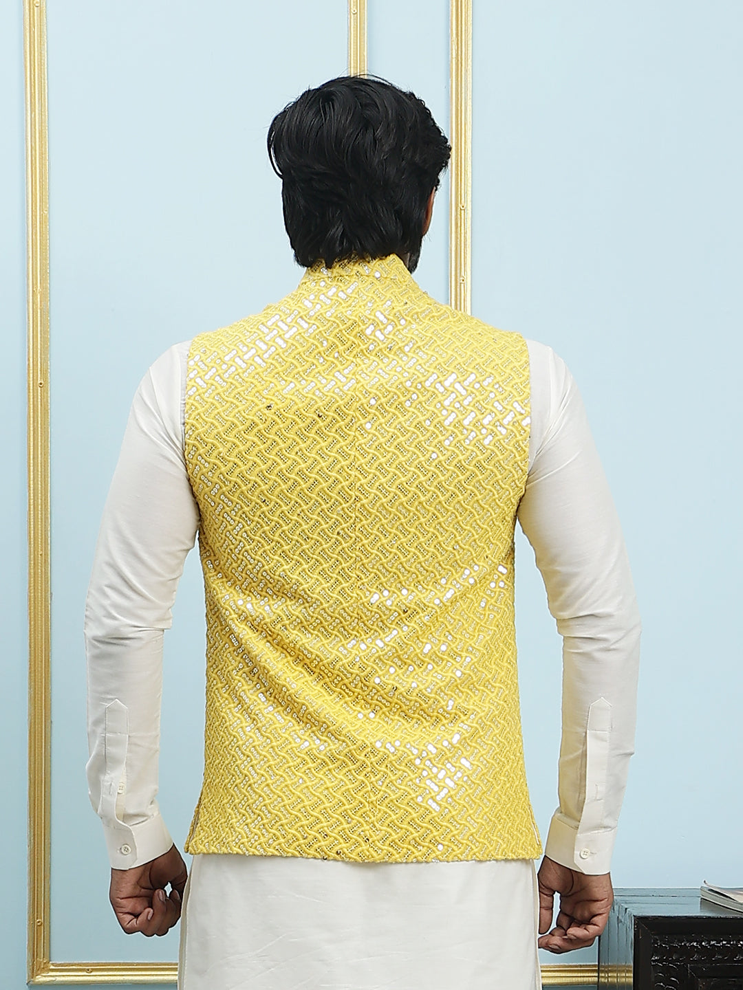 Pure Silk Kurta & Pyjama with Sequins Embroidered Nehru Jacket