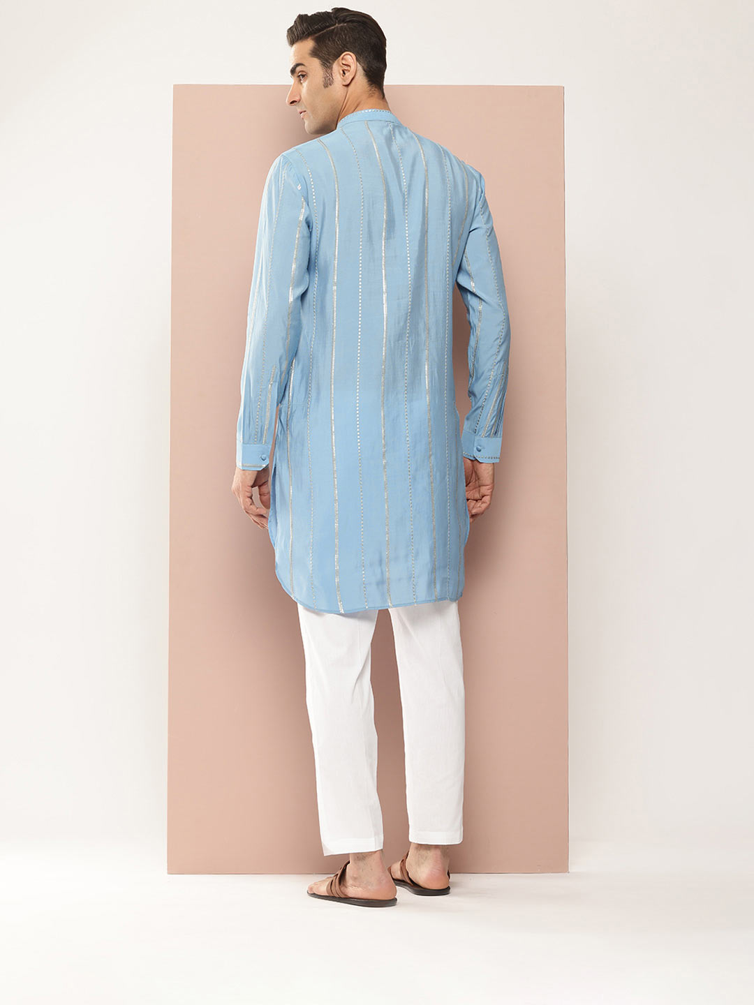 Men's Blue Chanderi Silk Kurta with Sequin Embroidery, Paired with Pyjama