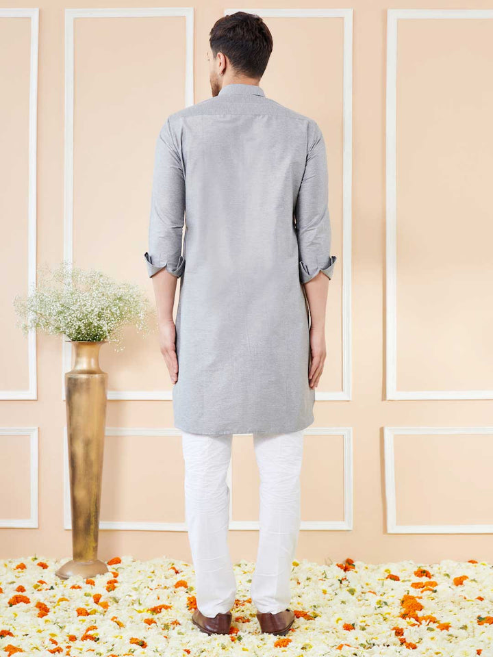 Grey Cotton Solid Pathani Kurta with Pyjama