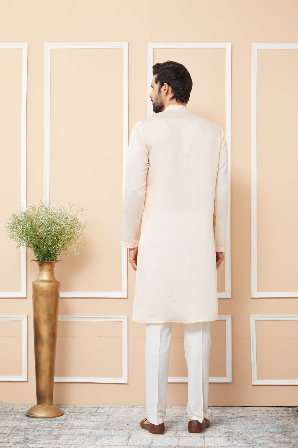 Peach Embroidered Chanderi Silk Straight Kurta