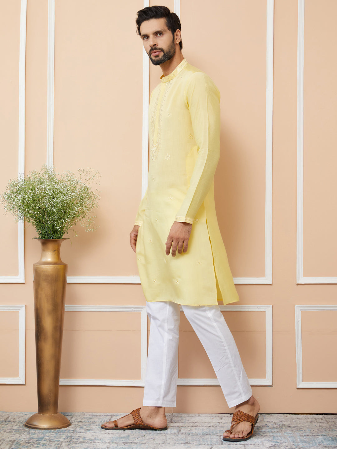 Yellow Embroidered Chanderi Silk Straight Kurta with Pyjama