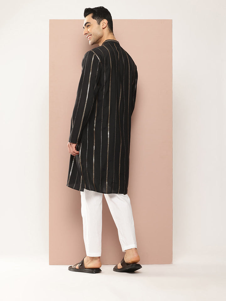 Men's Black Chanderi Silk Kurta with Sequin Embroidery, Paired with Pyjama