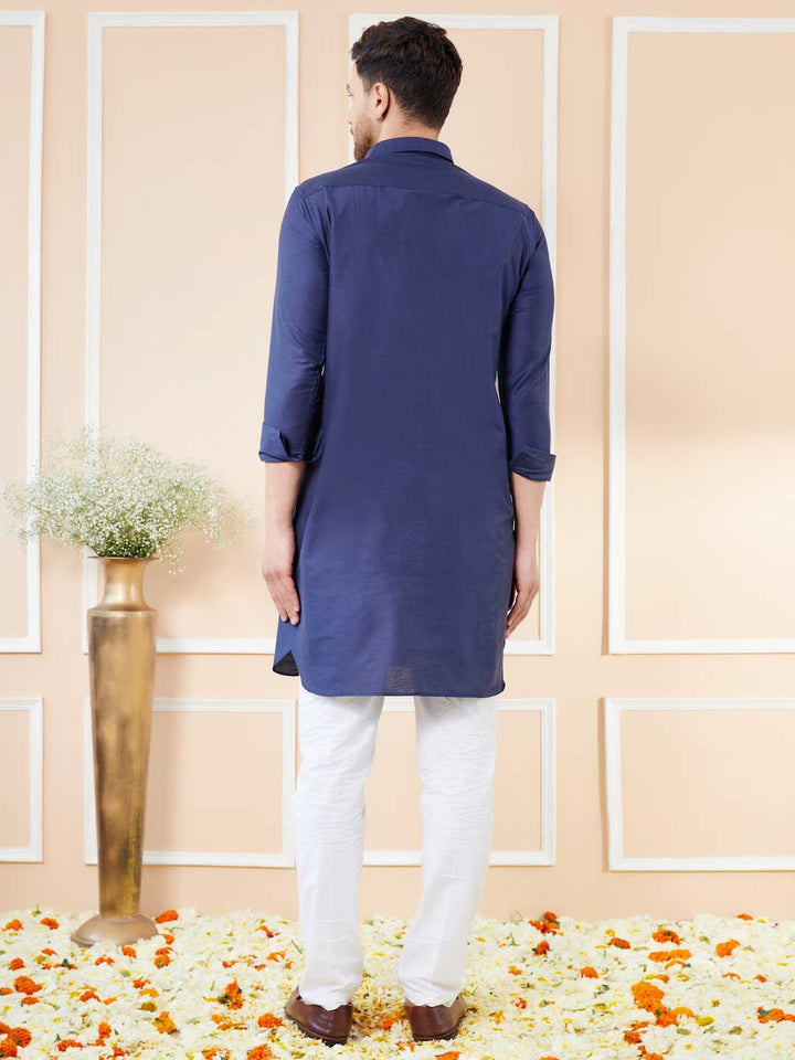 Navy Blue Cotton Solid Pathani Kurta with Pyjama