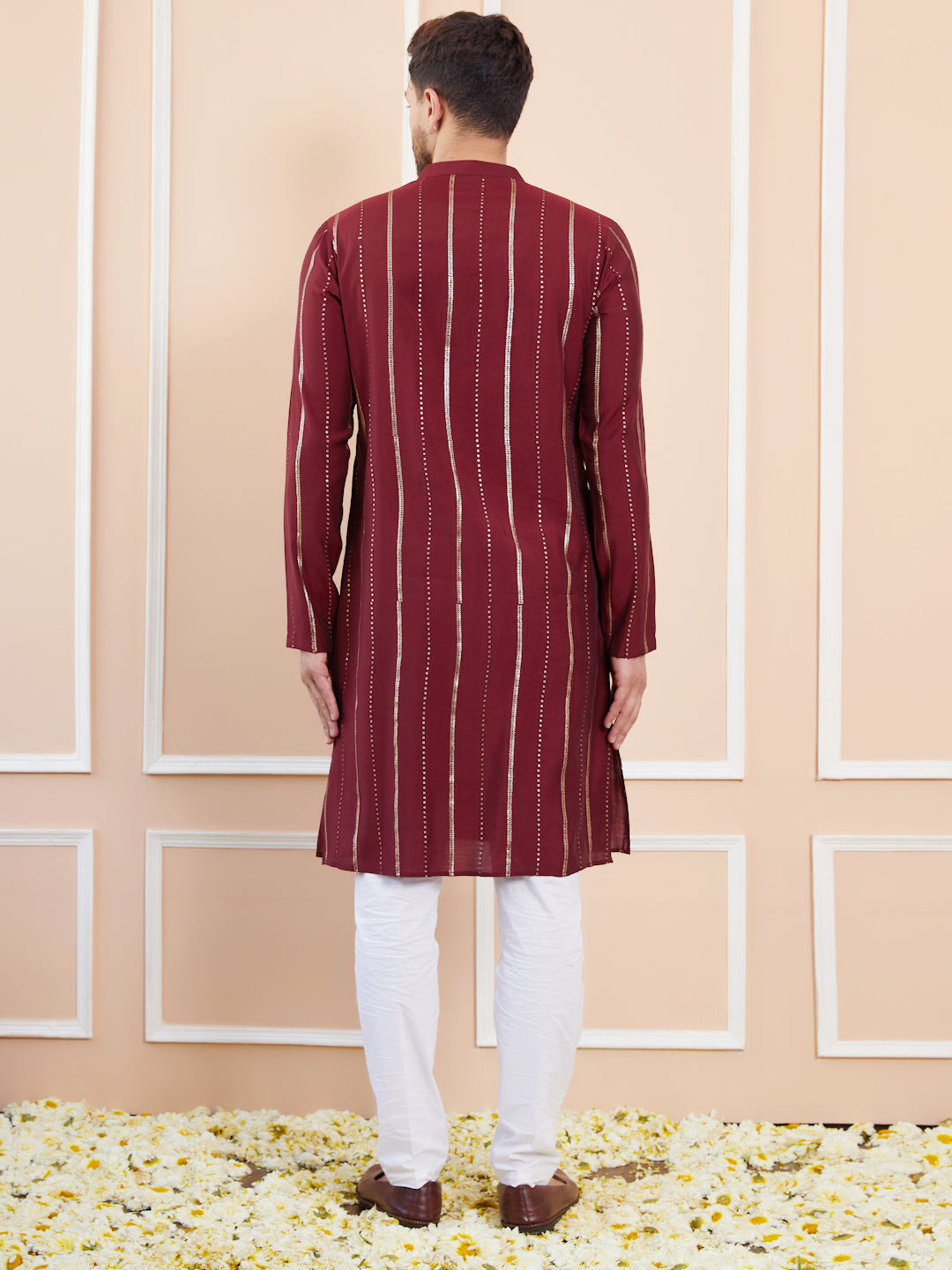 Men Maroon and Gold Sequins Embroidered Chanderi Silk Straight Kurta With Pyjama