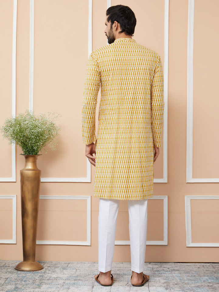 Yellow Printed Pure Cotton Straight Kurta with Pyjama