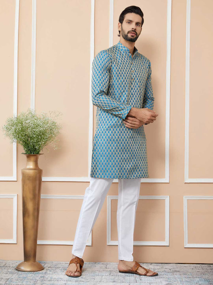 Blue-Beige Ethnic Motifs Silk Jacquard Woven Design Straight Kurta