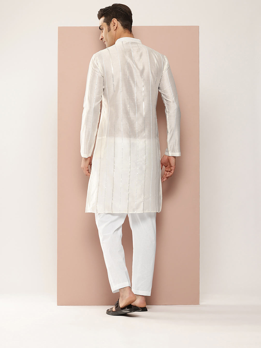 Men's Off White Chanderi Silk Kurta with Sequin Embroidery, Paired with Pyjama