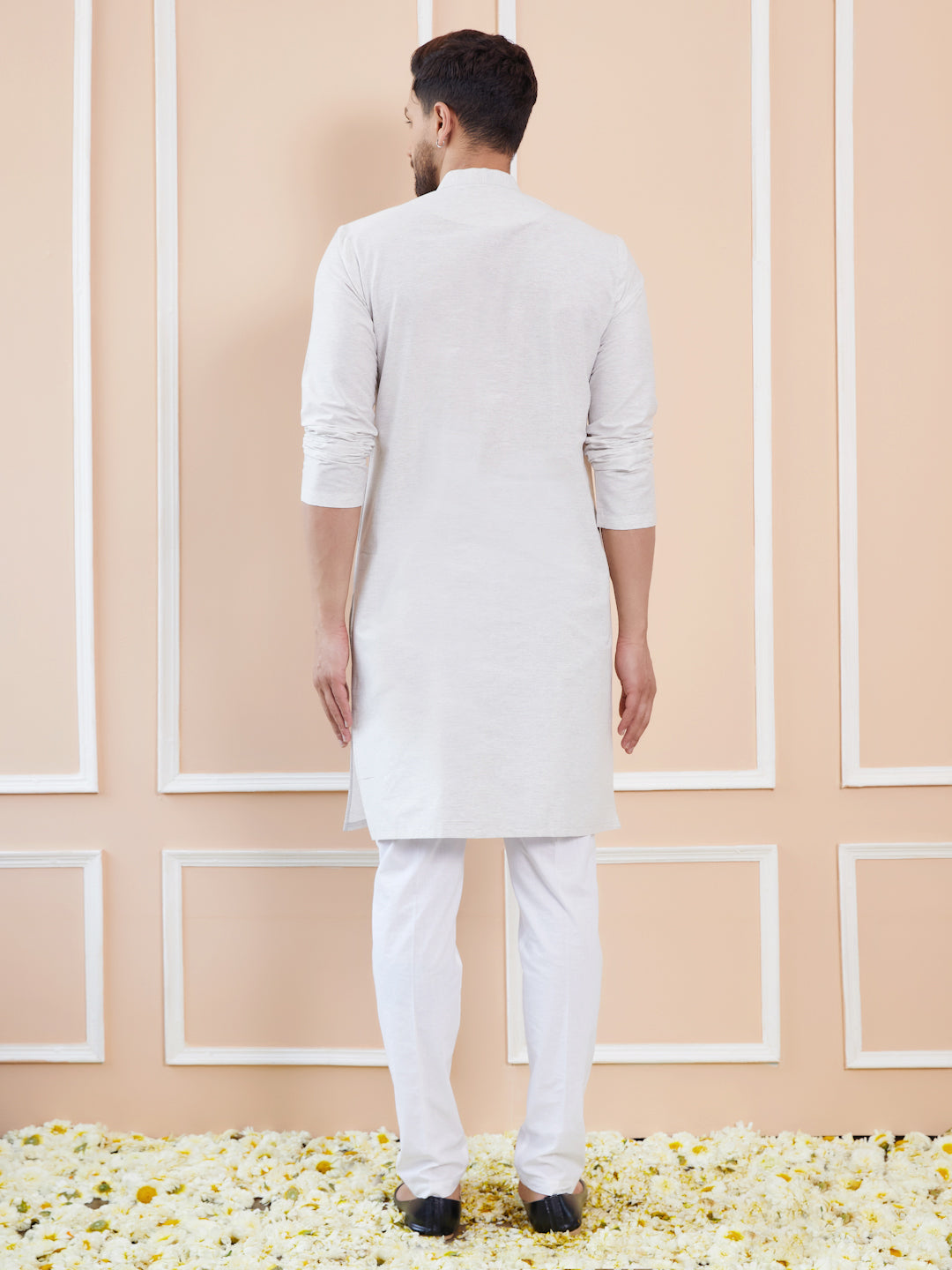 Men Off White Pintex Worked Cotton Silk Straight Kurta With Pyjama