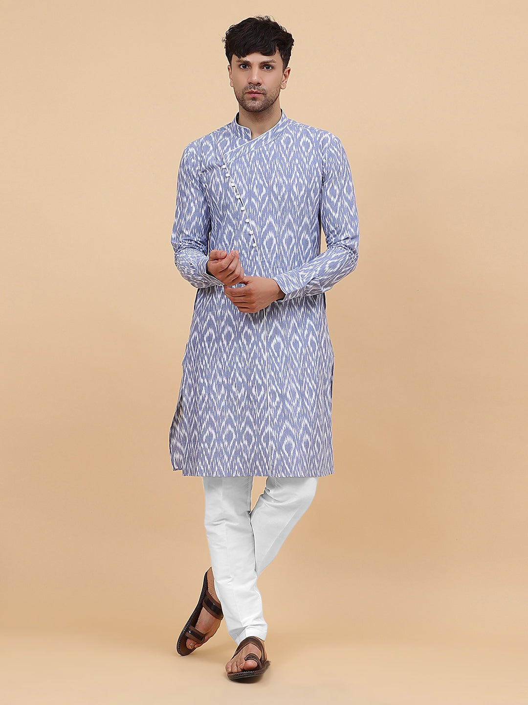 Grey Ikat Printed Kurta With Pyjama