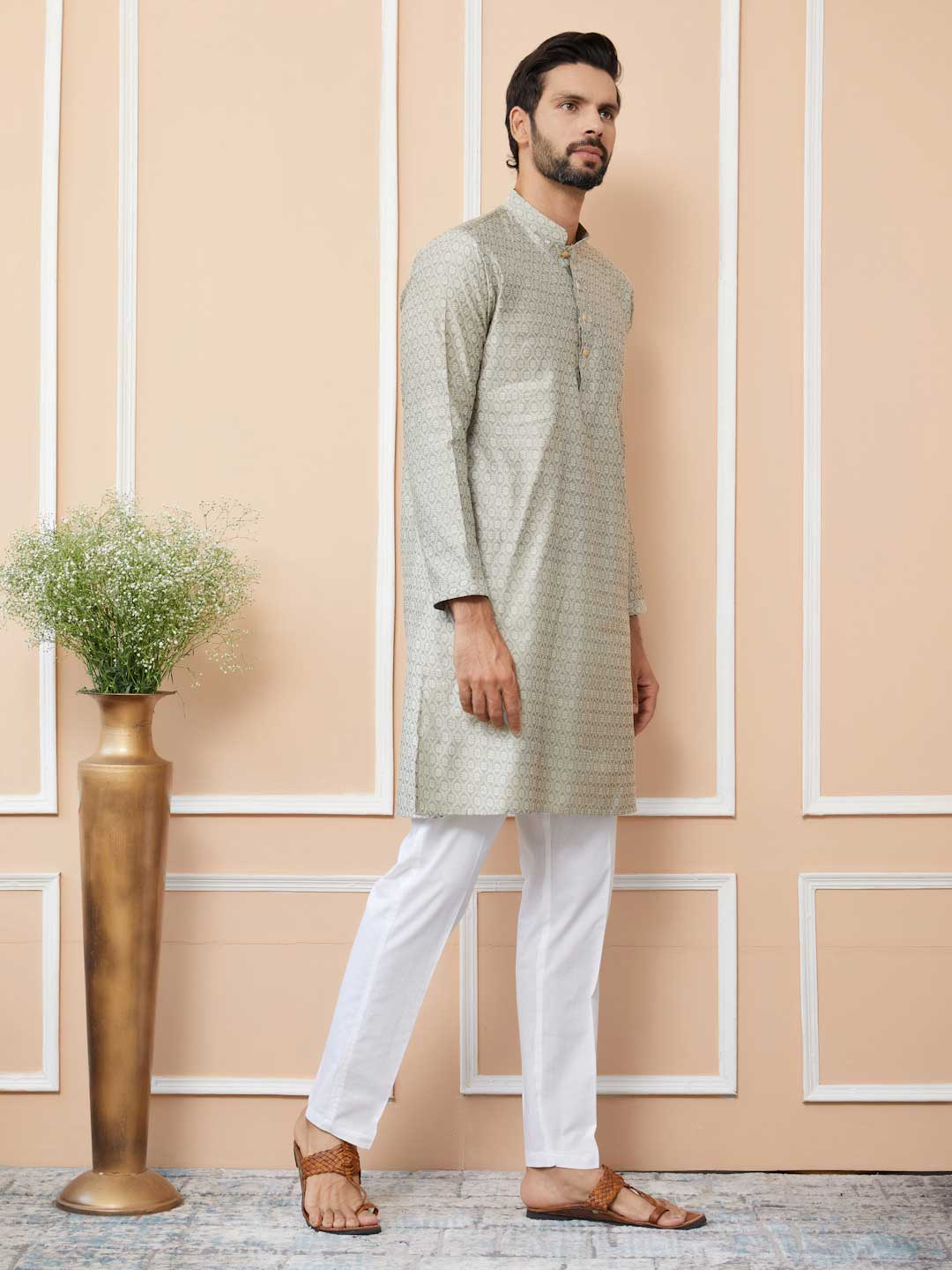 Cream-Grey Ethnic Motifs Silk Jacquard Woven Design Straight Kurta with Pyjama