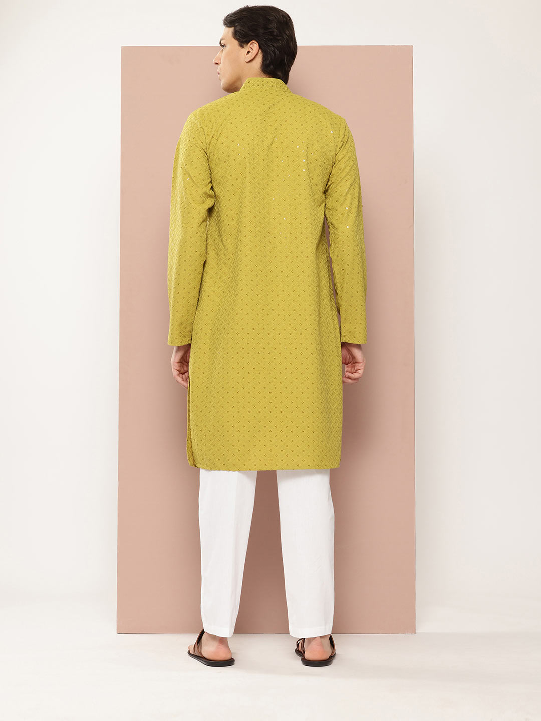 Lime Green Sequin Embroidered Rayon Kurta, Paired with Pyjama