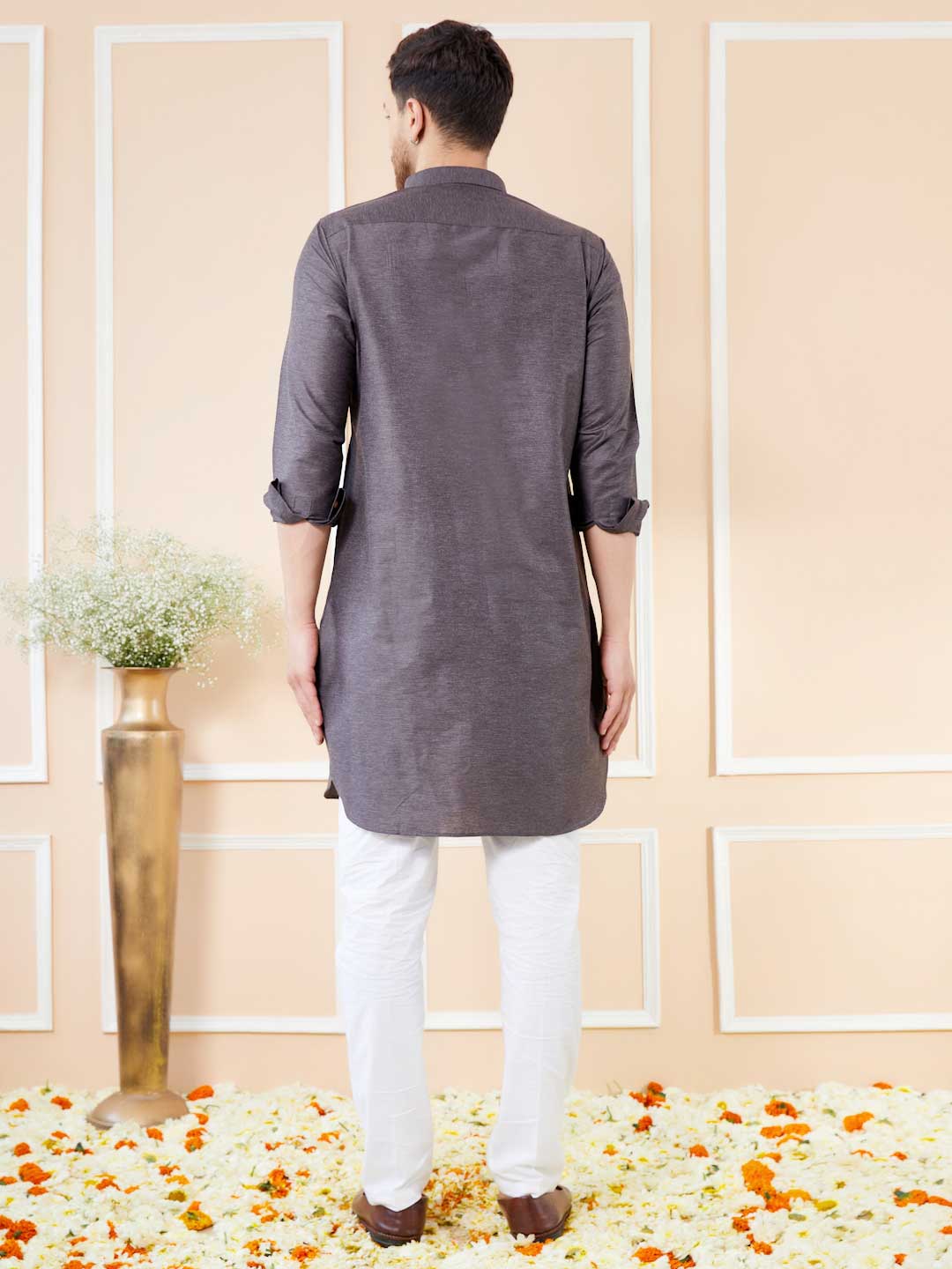 Grey Cotton Solid Pathani Kurta with Pyjama