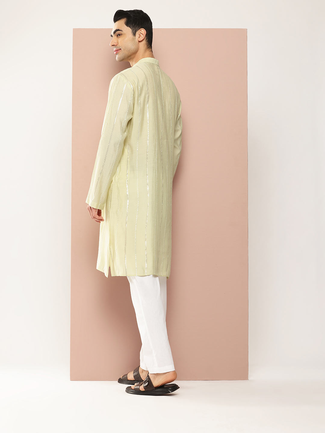 Men's Cream Chanderi Silk Kurta with Sequin Embroidery, Paired with Pyjama