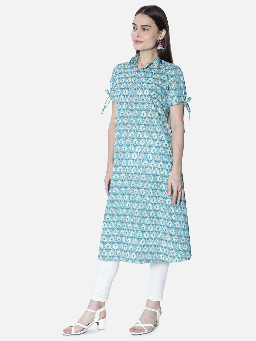 Light Blue Floral Printed Midi Kurta