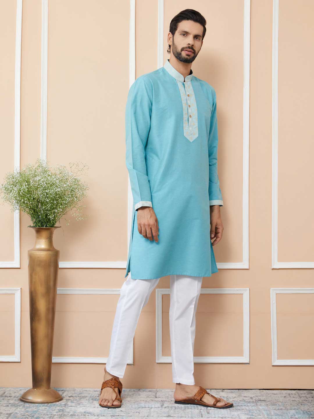 Blue Solid Cotton Straight Kurta with Pyjama with Jacquard neckline