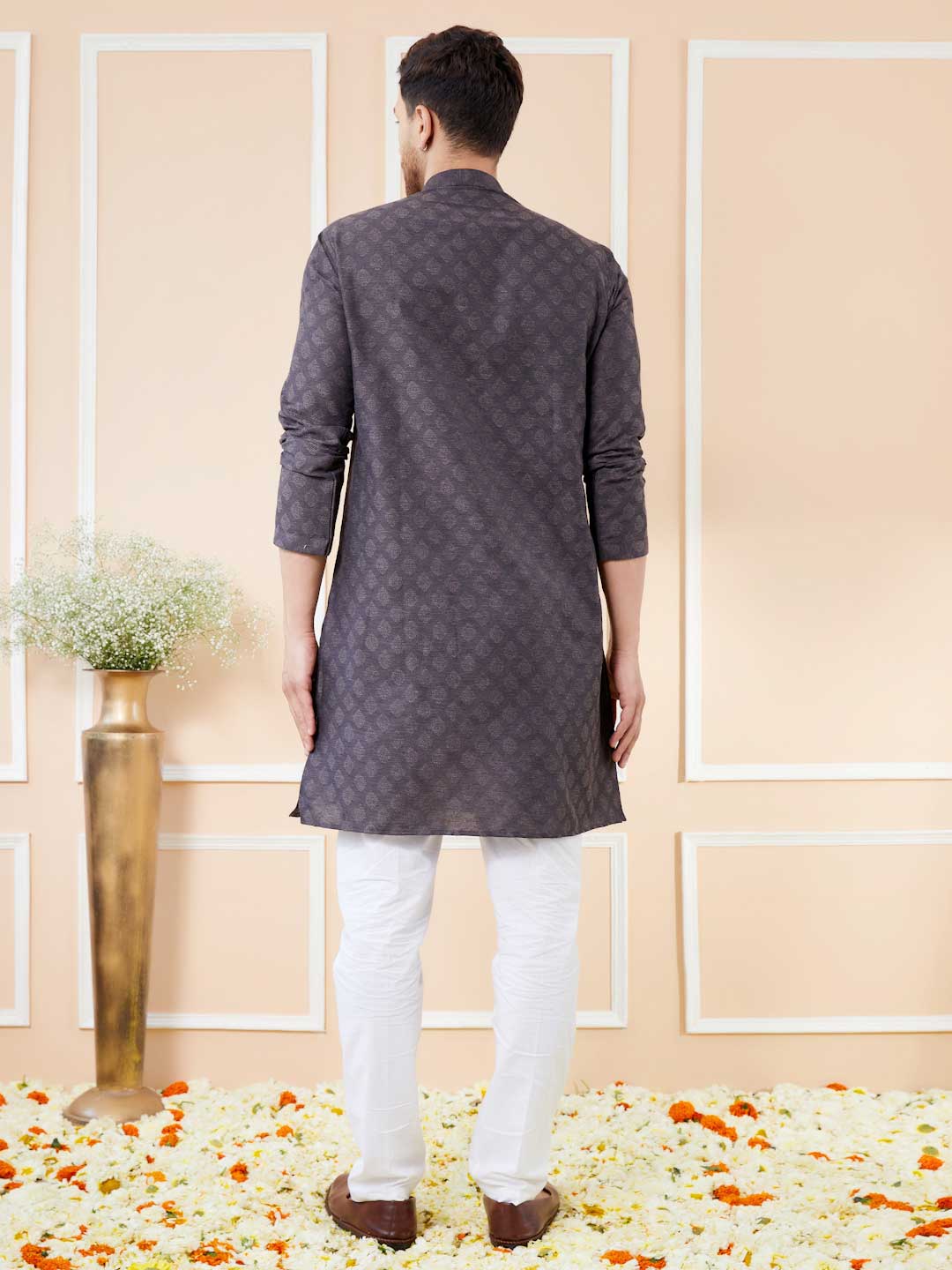 Black Ethnic Motifs Silk Jacquard Woven Design Straight Kurta with Pyjama