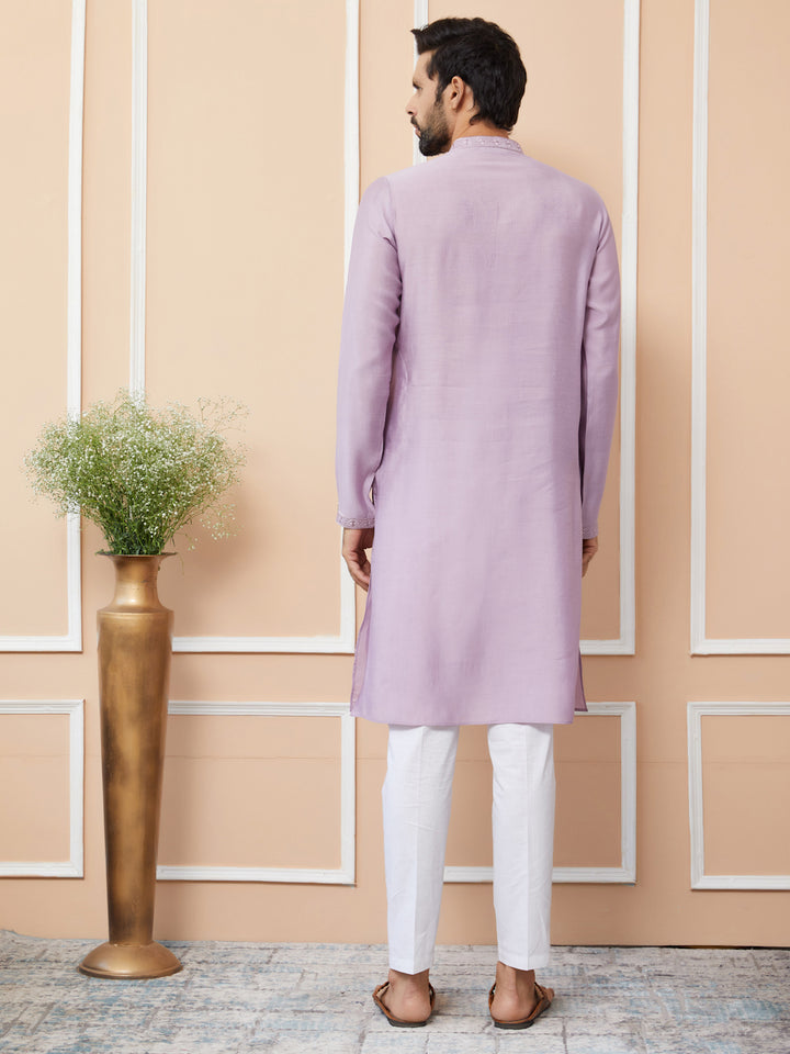 Lavender Embroidered Chanderi Silk Straight Kurta