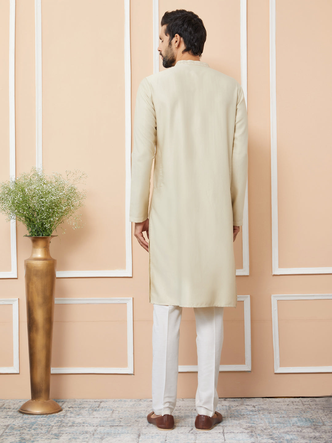 Beige Embroidered Zara Silk Straight Kurta