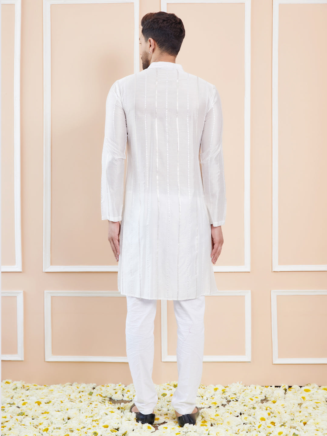 White Sequins Embroidered Pure Chanderi Silk Straight Kurta