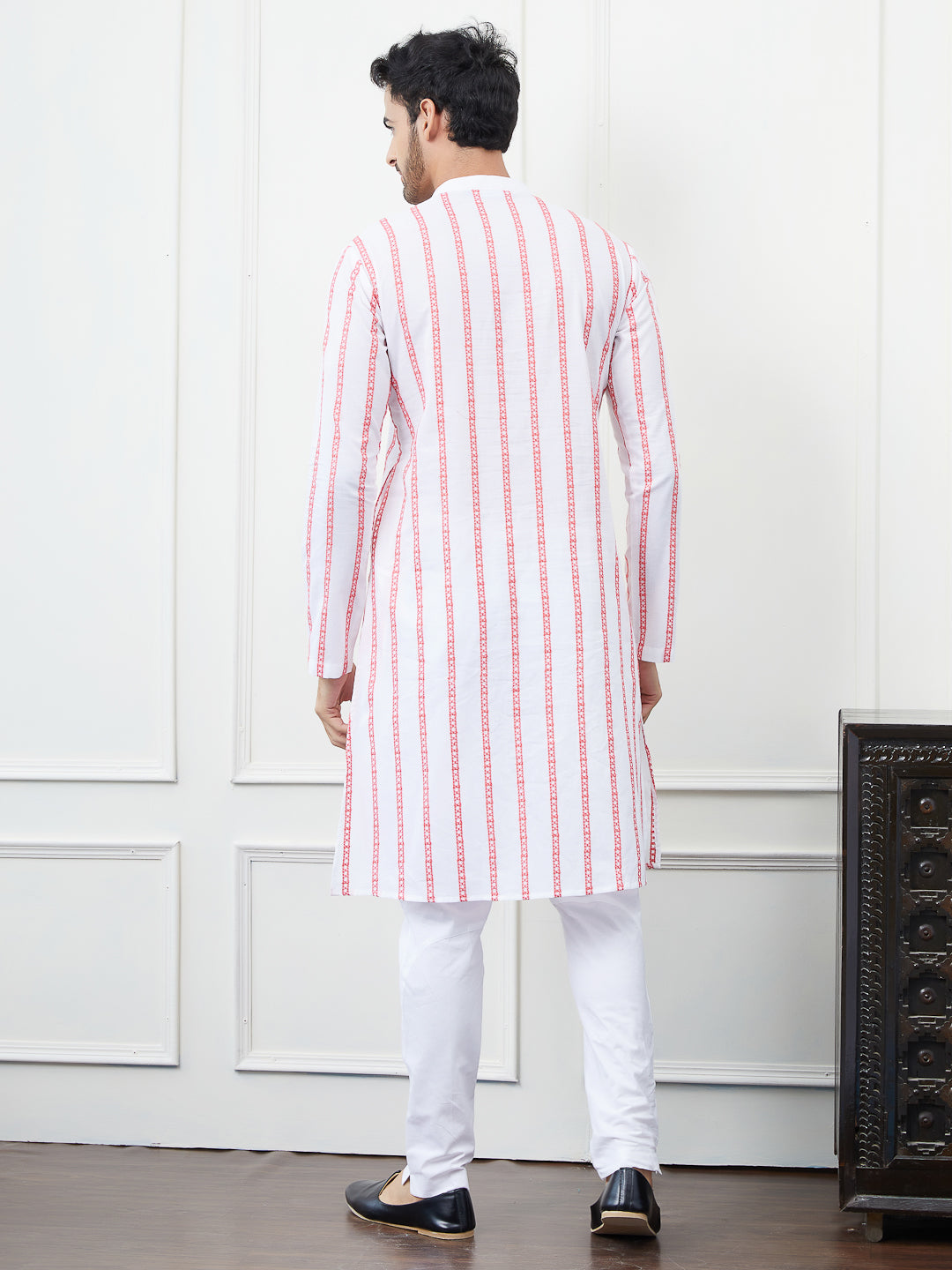 White and Pink Embroidered Cotton Straight Kurta with Pyjama