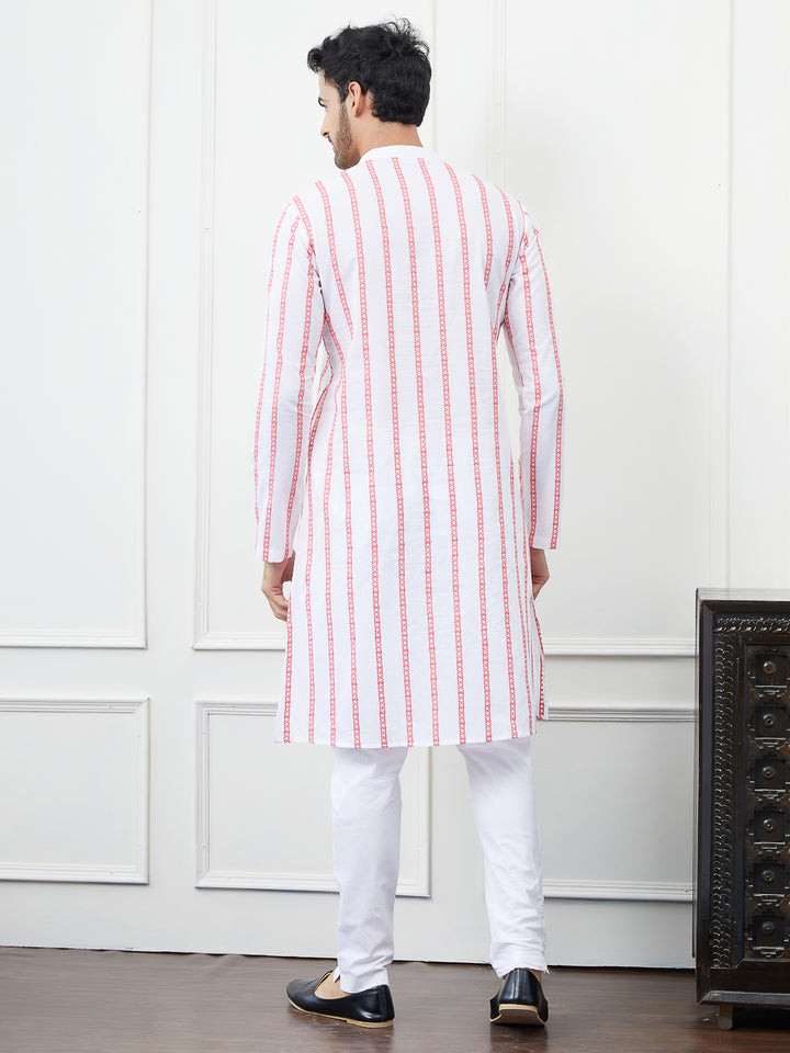 White and Pink Embroidered Cotton Straight Kurta with Pyjama