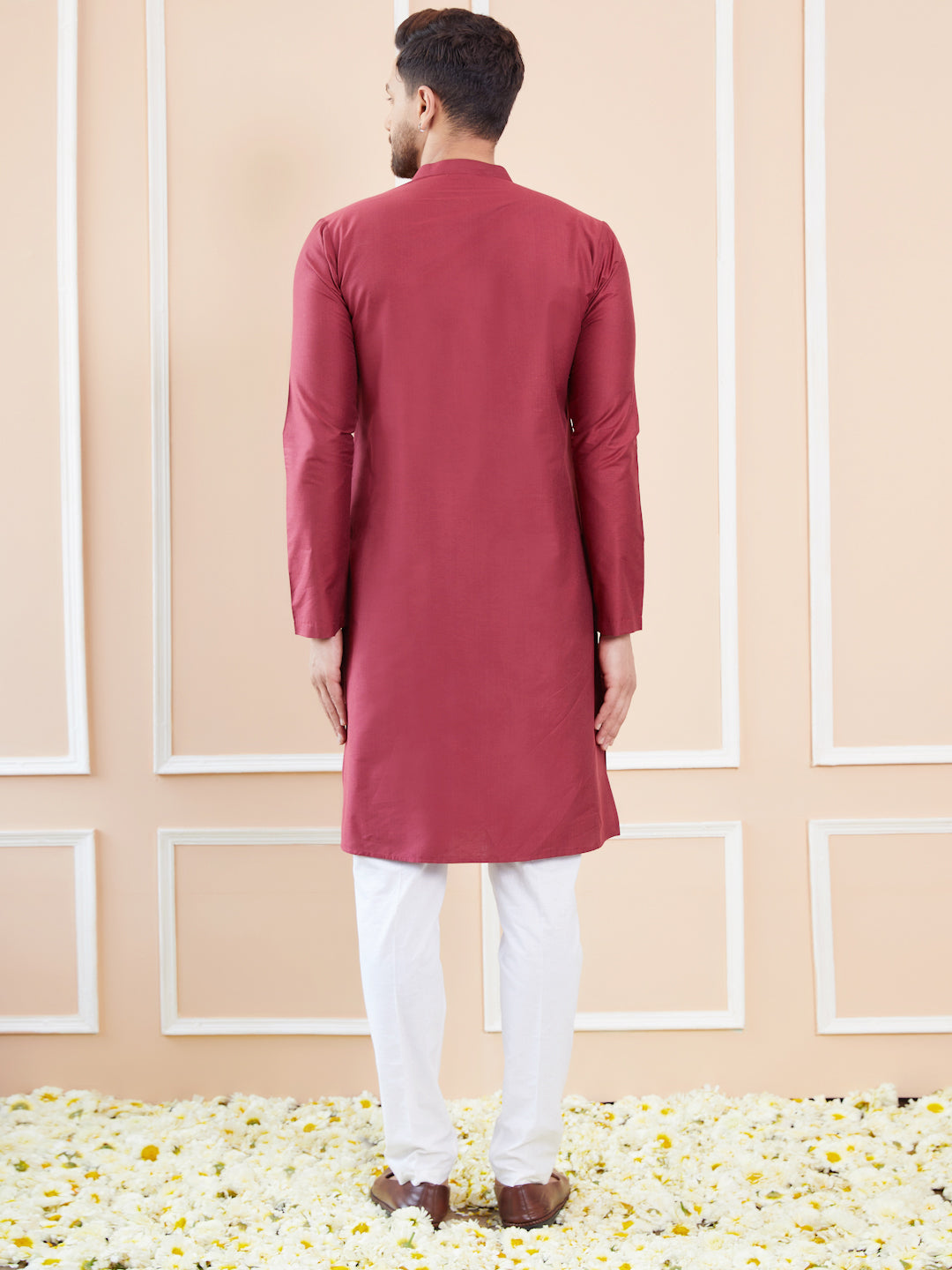 Maroon Cotton Solid Straight Kurta with Pyjama