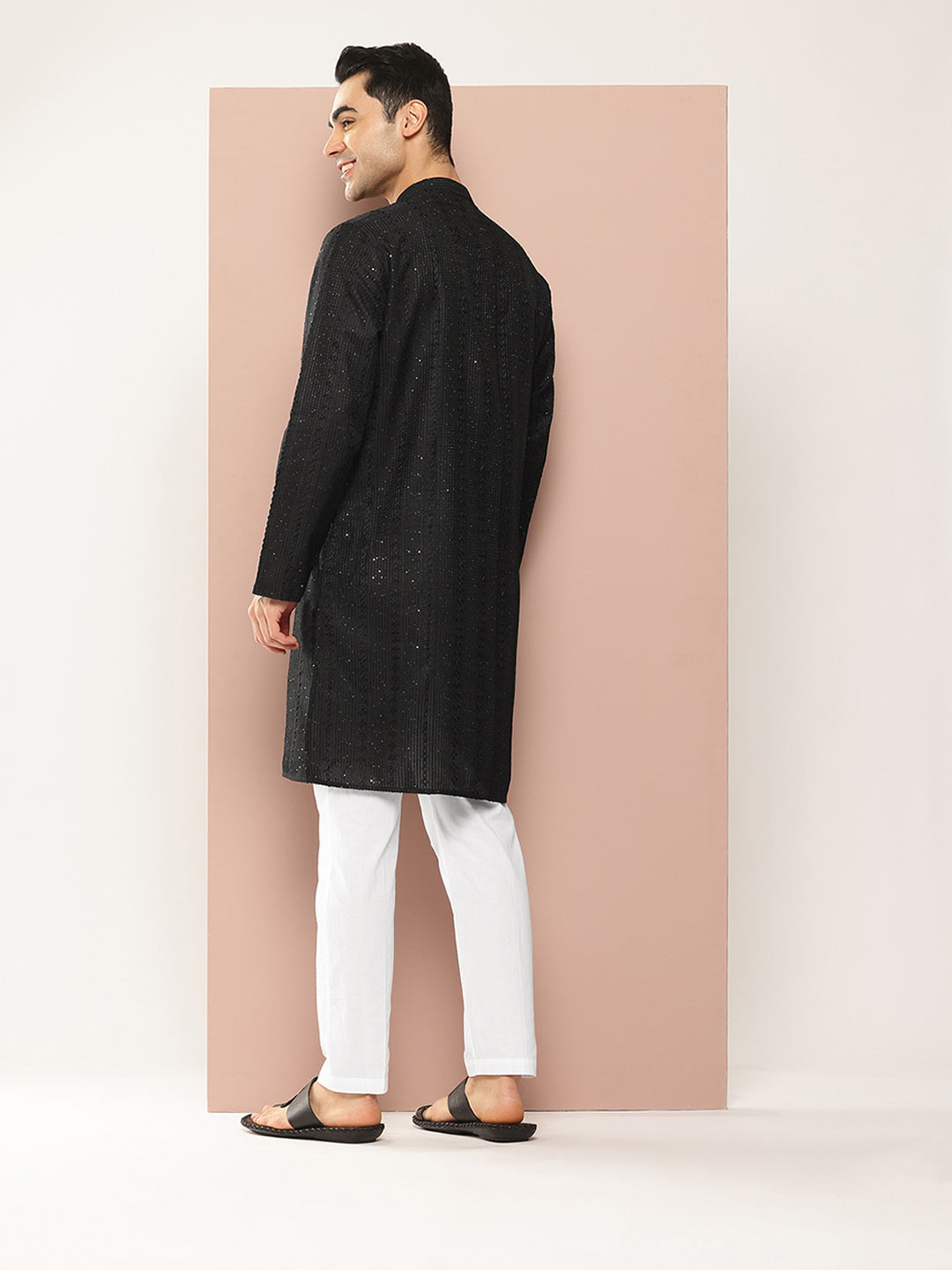 Men’s Black Rayon Kurta with Embroidered Chikankari, Paired with Pyjama